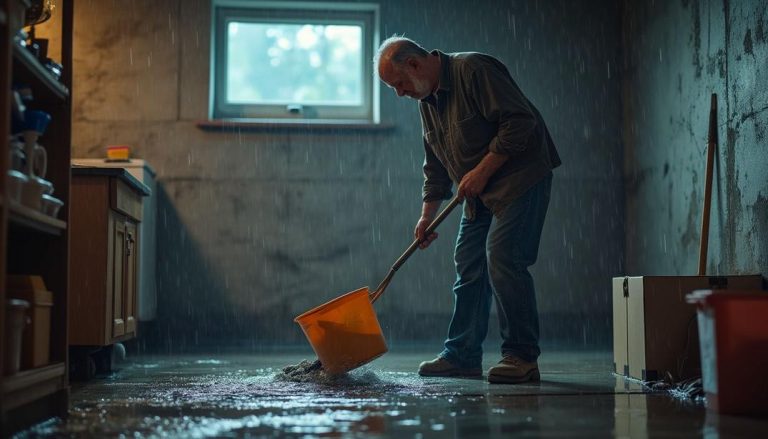 Dealing with water leaking into the basement after heavy rain, a man uses a bucket to tackle the unexpected flood.