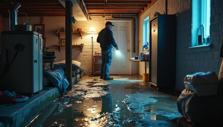 Inspecting the aftermath: water seeping into the basement after heavy rain creates a reflective, unwelcome pool.