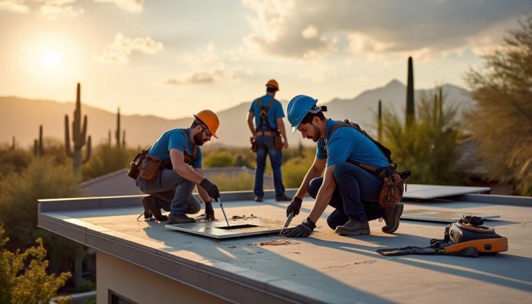 Roofers work diligently at sunset, ensuring quality flat roof replacement in Tucson: What Homeowners Need to Know for durable and reliable home improvements.