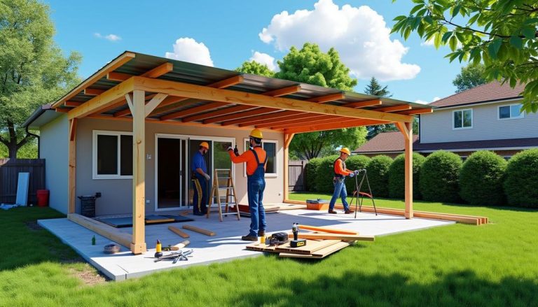 Building dreams: A team works on a new outdoor space with metal roof covered patio plans. Learn how to build metal roof covered patio plans to enhance your backyard.