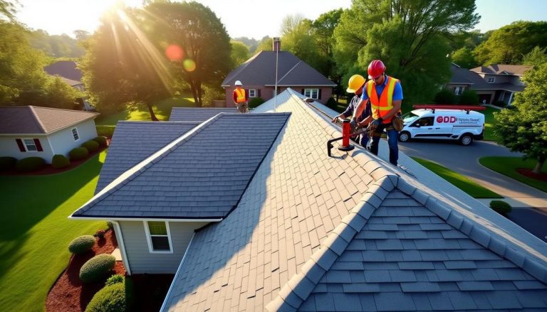 Hard at work under the morning sun, this roofing crew tackles new installations. Wondering how much is a new roof? It's all in a day's work for these pros.