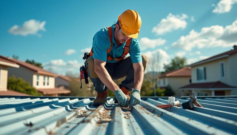 Dedicated to the craft, a worker carefully undertakes a tin roof repair on a sunny day.