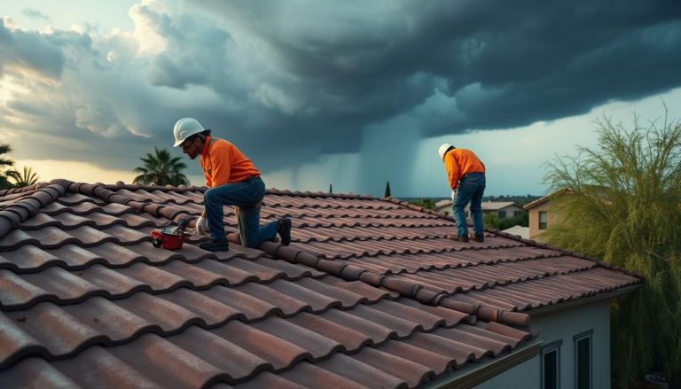 Roofers diligently work under looming dark clouds, Preparing Your Mesa Roof for Monsoon Storms.