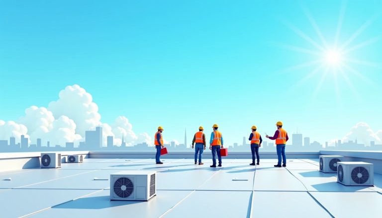 A team of experts evaluating a sunny rooftop undergoes a crucial commercial roof repair to ensure long-lasting quality and safety.
